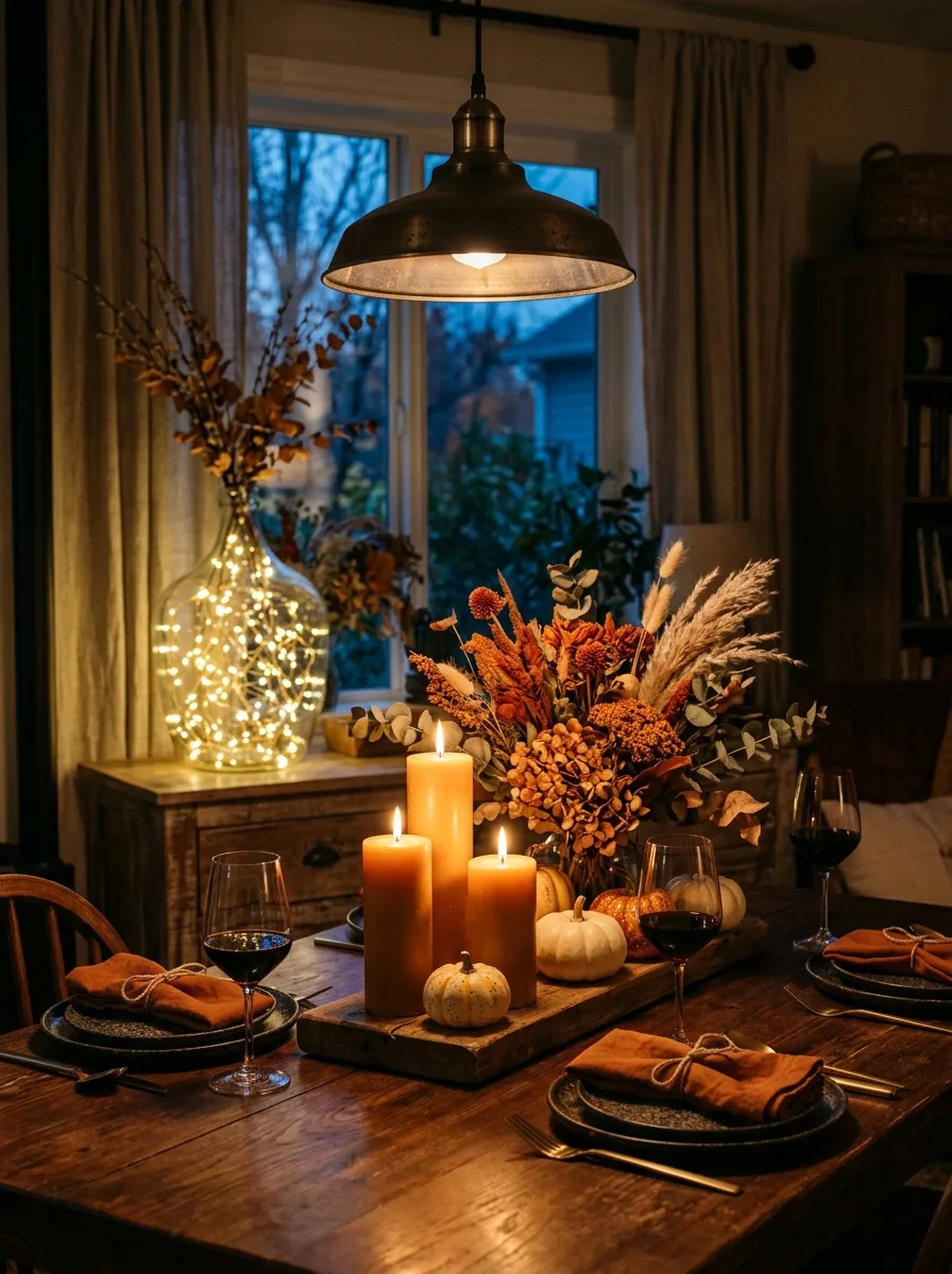 The 16 Small Decisions That Make Fall Table Décor Actually Worth Noticing 2 Three ivory pillar candles in varying heights styled on a fall tablescape with dried eucalyptus and rust pumpkins