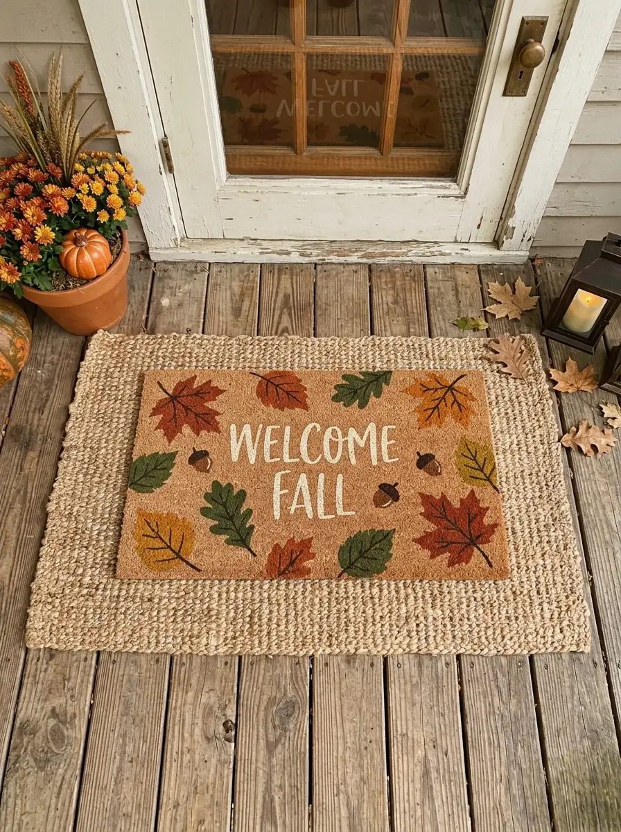 Natural jute mat layered with a smaller fall harvest printed mat as a simple fall porch décor styling technique