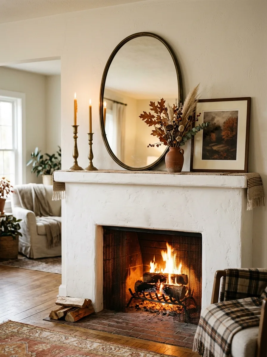 White fireplace mantle styled with oval mirror, brass candlesticks, and dried stems for layered fall living room decor