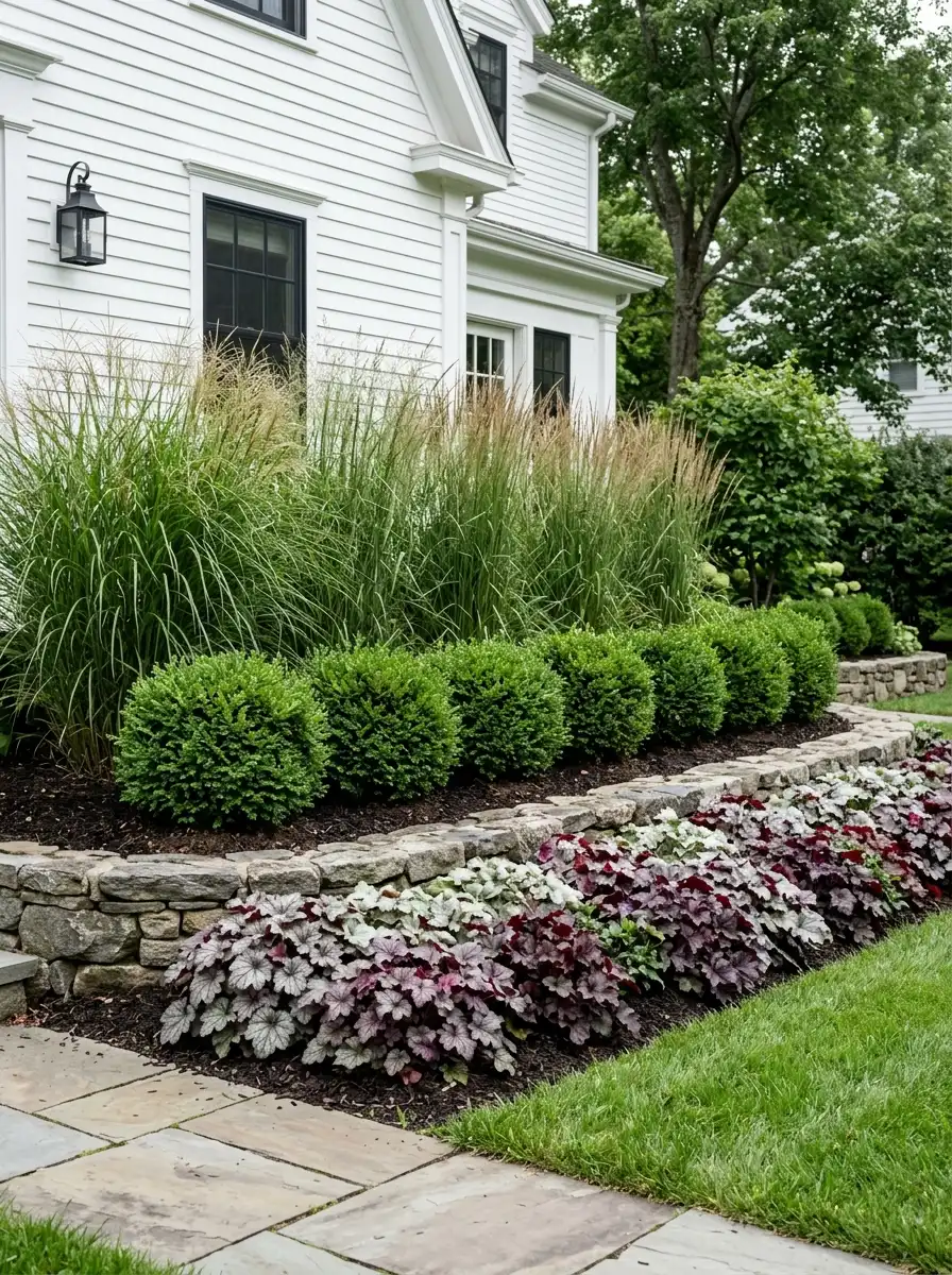 Layered heuchera landscaping with silver-purple coral bells at the front edge, boxwood midlayer, and ornamental grasses at the back