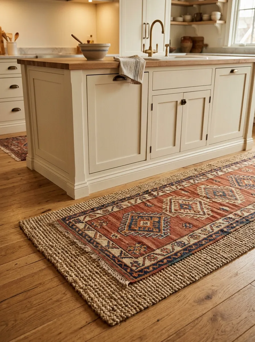 Natural jute rug layered with a terracotta kilim runner in front of a cream kitchen island for cozy kitchen decor for fall styling