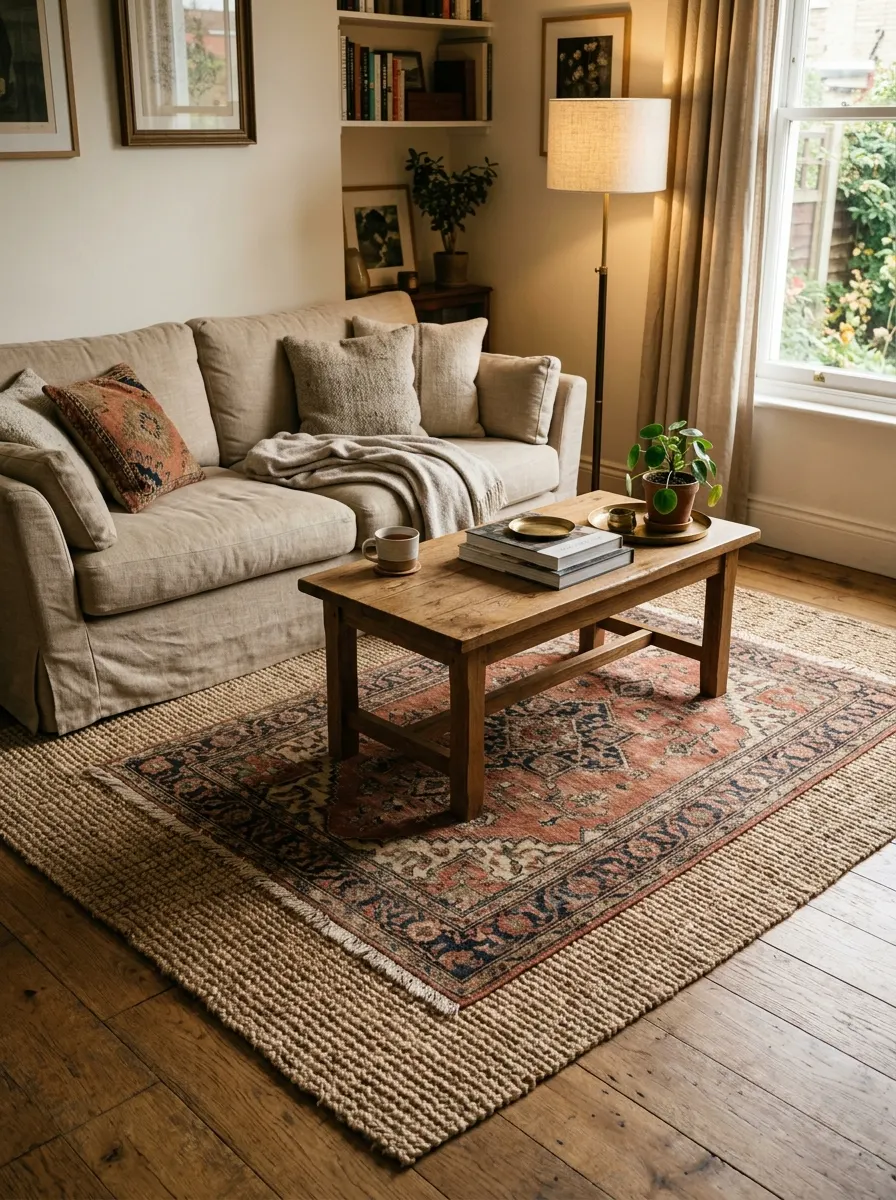 Layered jute and Persian rug under a linen sofa and wooden coffee table in a Nancy Meyers inspired decor living room