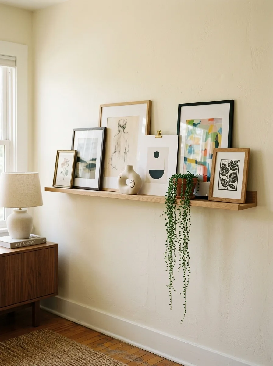 Picture ledge with casually layered art prints, ceramic sculpture, and trailing plant as flexible living room wall art ideas on a warm cream wall