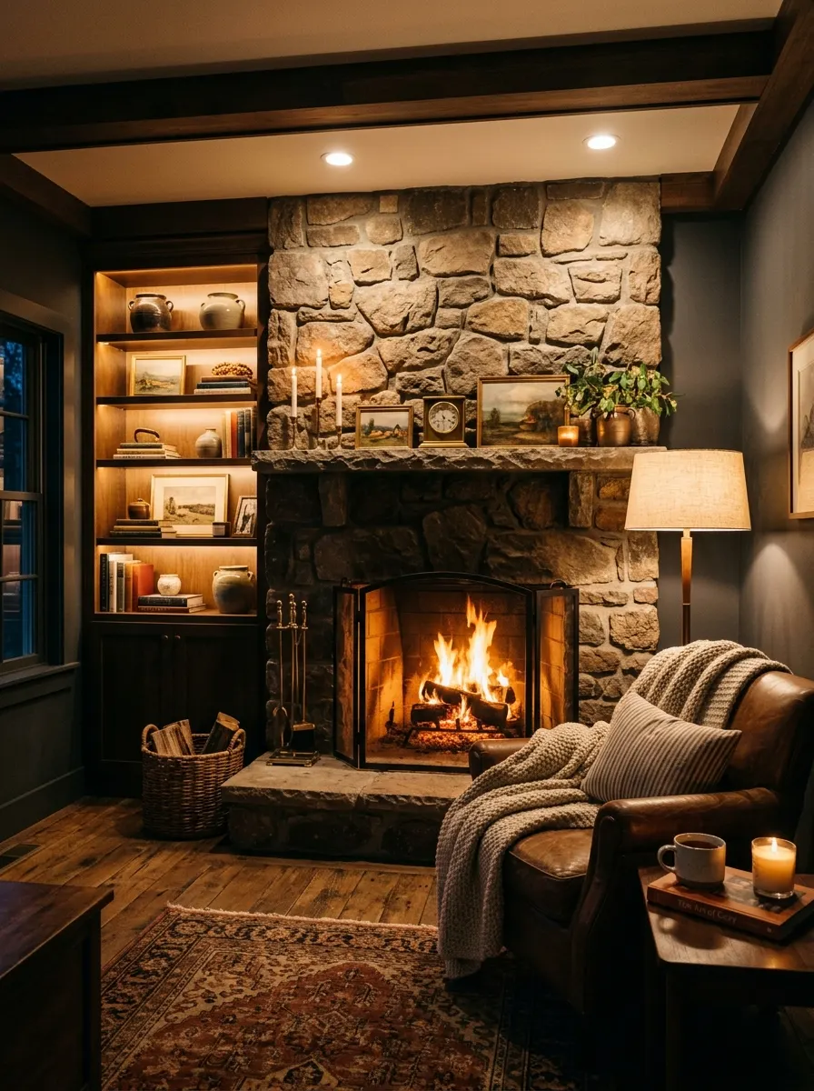 20 Fireplace Design Ideas Built Around the Three Pillars of Color, Space, and Flame 13 Fireplace ideas with layered lighting including recessed ceiling lights, floor lamp, LED strips, and warm amber flames in a cozy evening living room