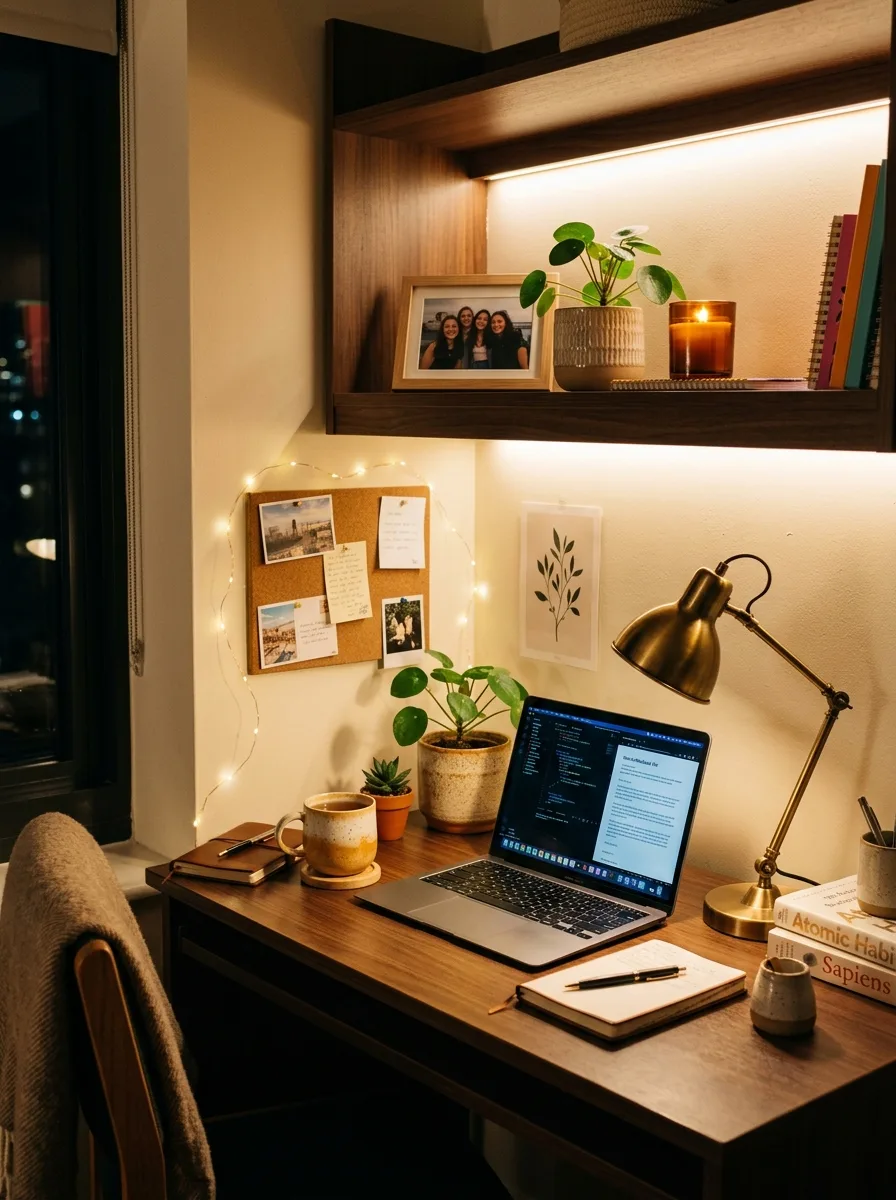17 Small Dorm Desk Setups That Actually Feel Like a Real Dream Room 1 A cozy dorm room desk setup with layered LED strip lighting, a brass desk lamp, and warm string lights on the wall