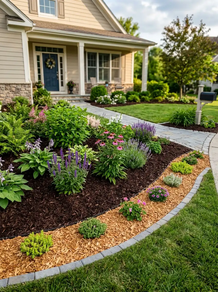 Front yard garden bed with two tones of mulch creating layered depth using golden ratio landscaping proportions
