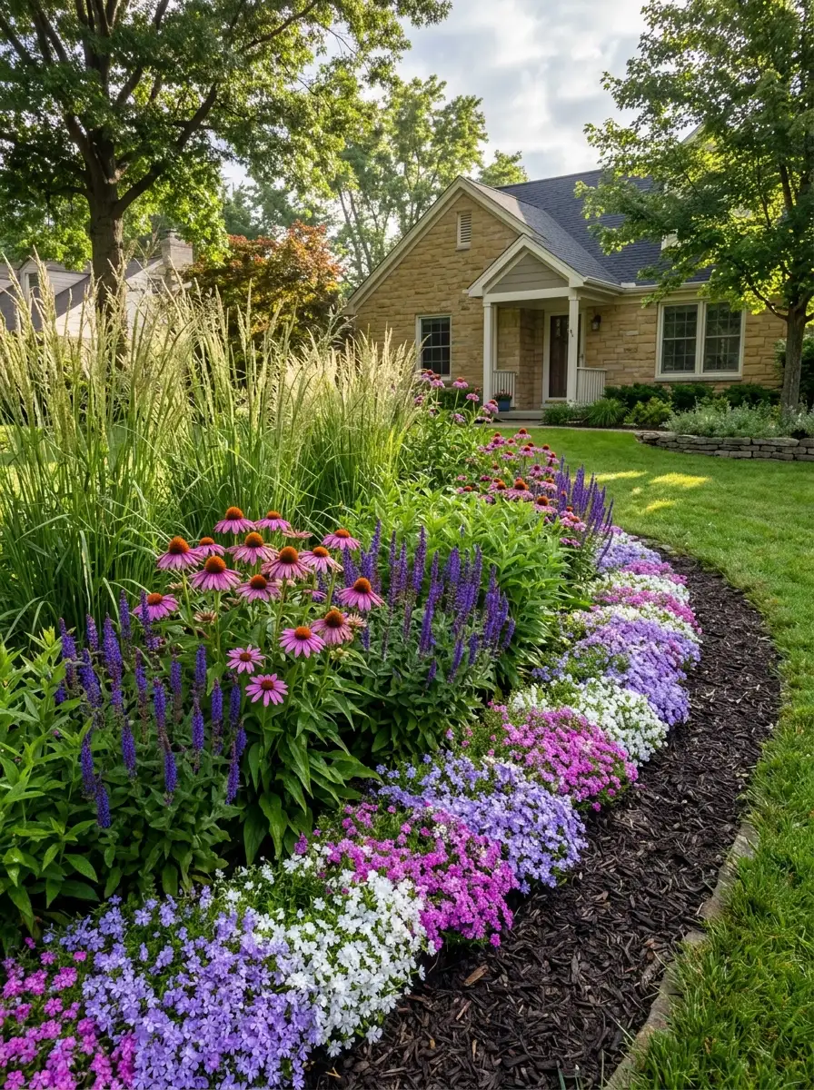 Layered native plant border with grasses, coneflower, and creeping phlox in a beautiful lawn-free front yard