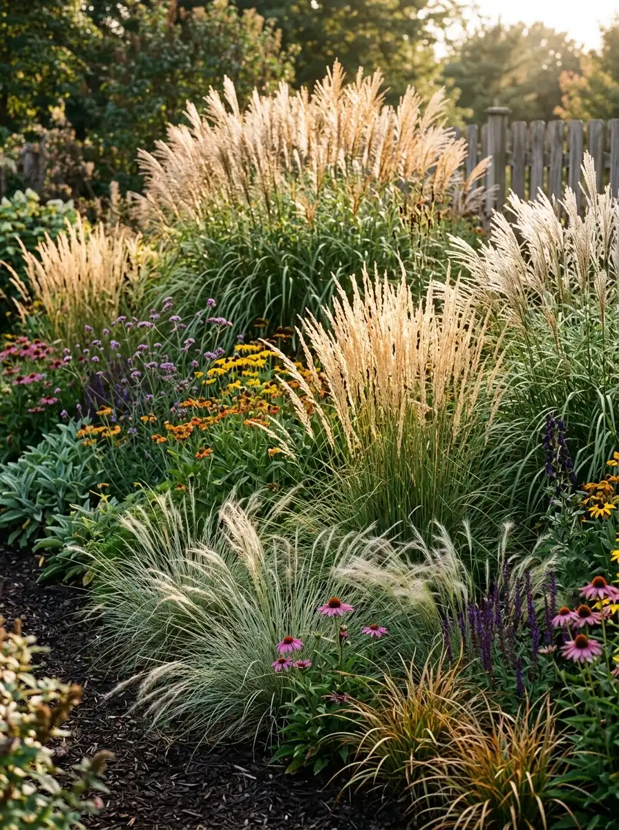 23 Stunning Ways Ornamental Grasses Can Transform Your Landscape With Texture, Movement, Privacy, and Year-Round Style 8 Lush layered garden bed with ornamental grasses in silver, sage, and gold tones mixed with perennial flowers in warm afternoon light