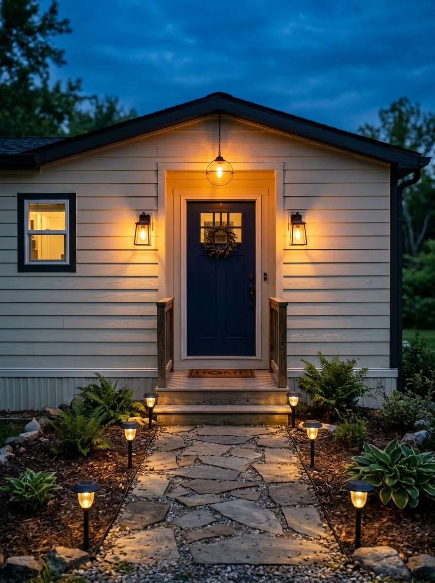 Mobile home exterior entry at evening with pendant light, wall sconces, and solar path lights creating warm amber layered lighting for residential curb appeal