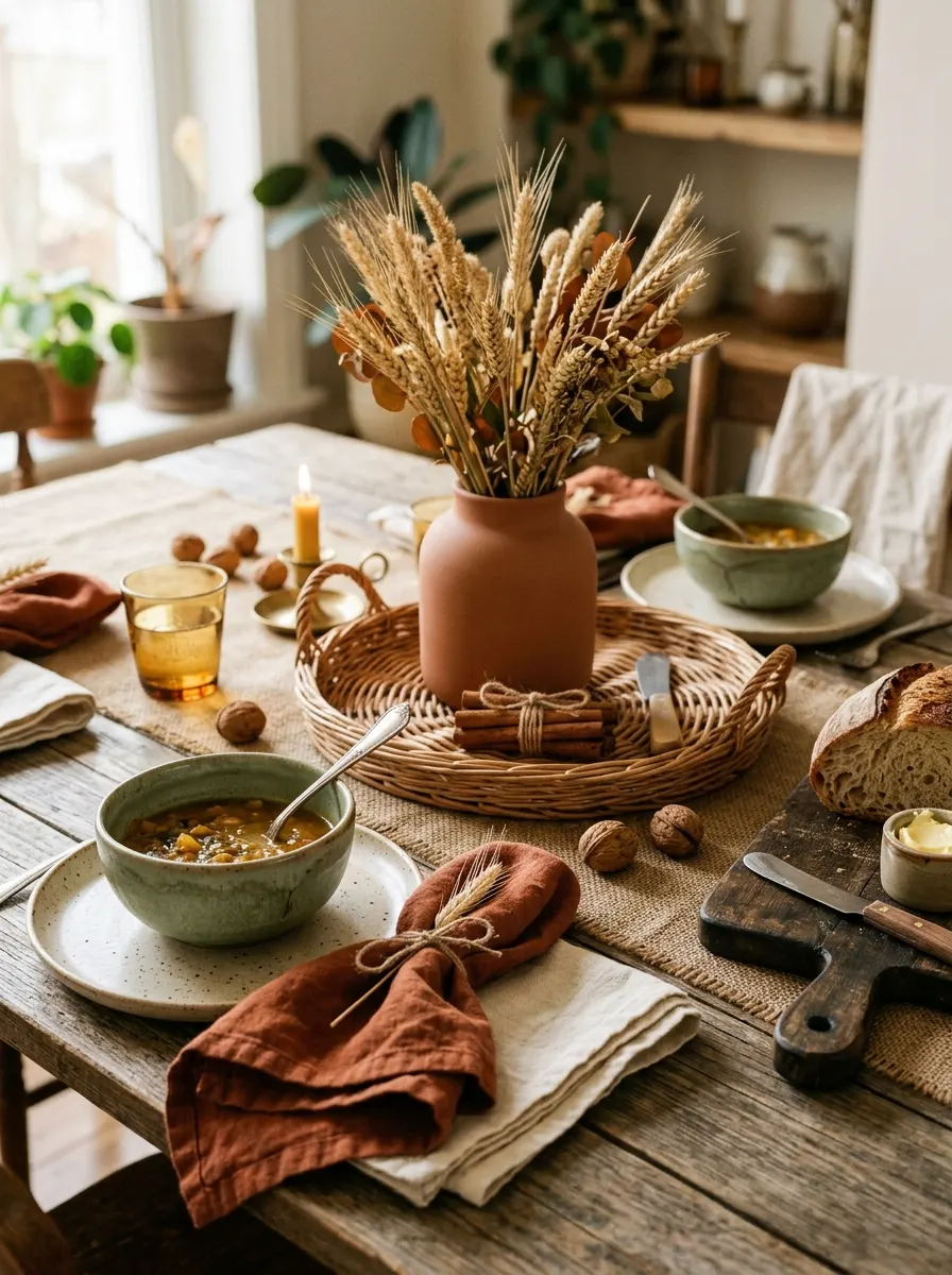 Why Fall Décor Hits Different: 17 Principles You Never Knew You Needed 2 Autumn dining table styled with linen, ceramic, burlap, and dried botanicals showcasing layered texture in fall home decorating