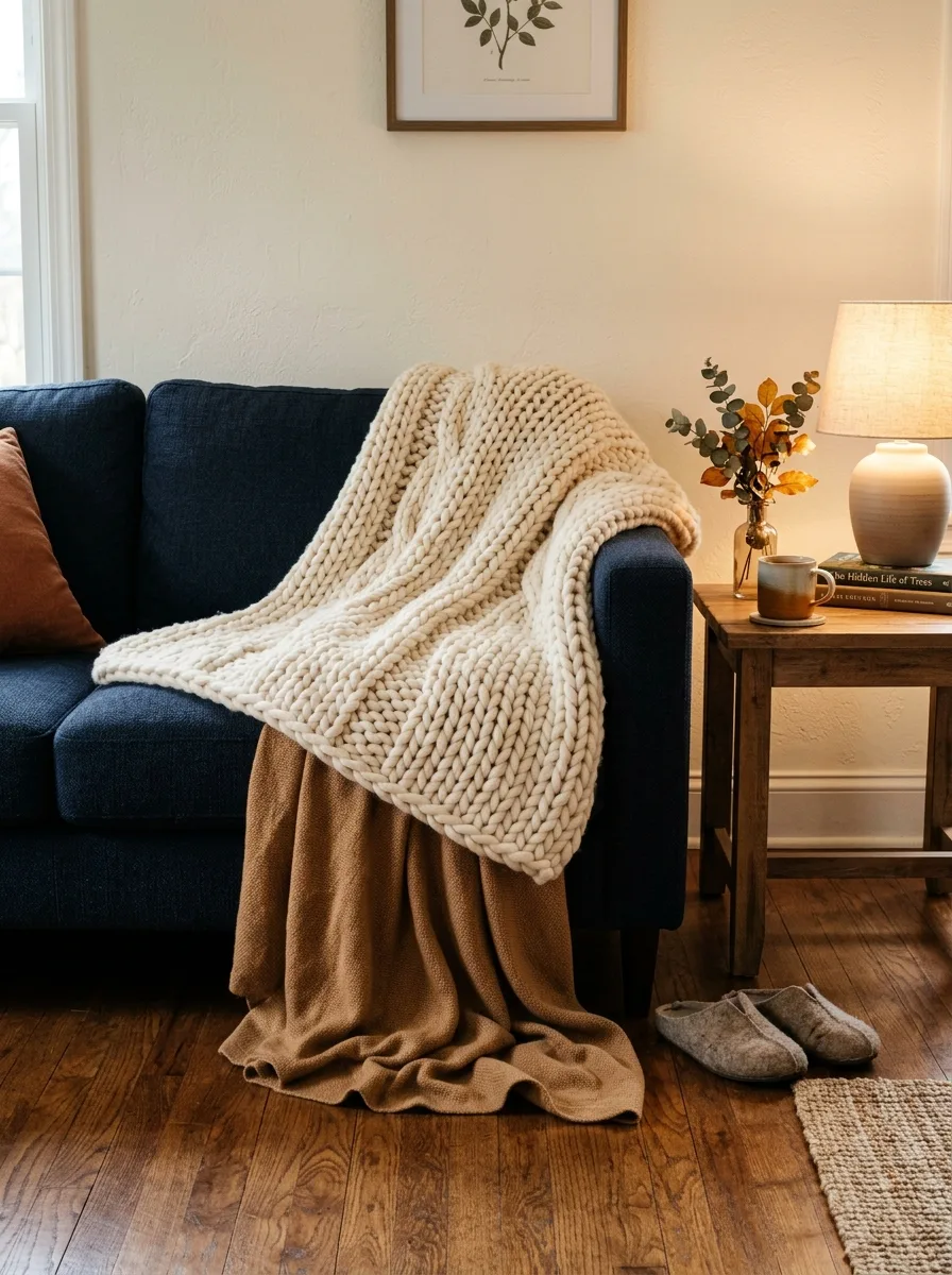 Chunky knit cream throw layered with caramel woven blanket on a dark sofa for cozy fall living room styling