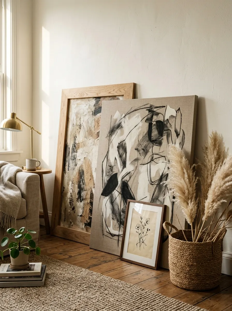 Casually leaning layered canvases and framed prints styled as living room artwork in a warm corner with pampas grass