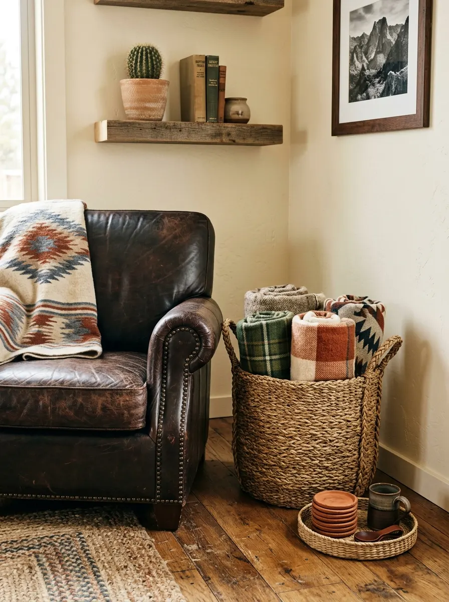 Western living room ideas corner with leather armchair, tall seagrass basket with blankets, woven tray with terracotta coasters, cactus on wood shelf