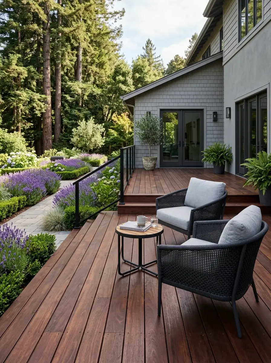Redwood deck with light mahogany semi-transparent stain adding formal warmth to natural wood for cohesive deck stain color ideas