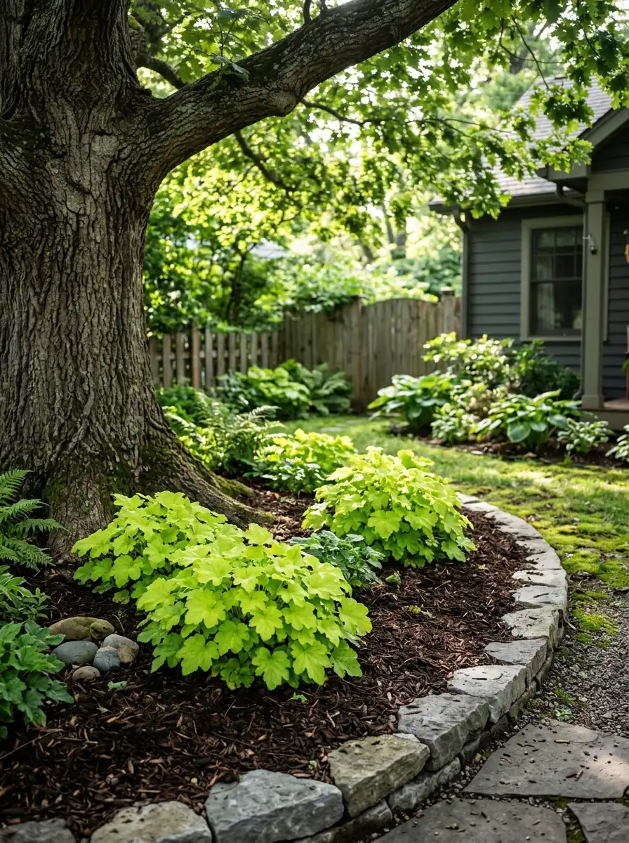 Chartreuse lime green coral bells front yard planting beneath a mature oak tree with dark mulch and gray stone edging