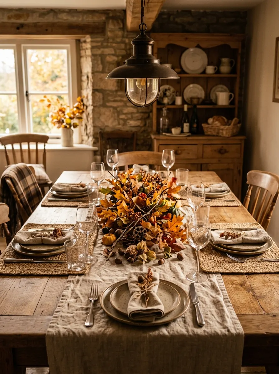 The 16 Small Decisions That Make Fall Table Décor Actually Worth Noticing 1 Woven linen runner on a farmhouse dining table styled for fall table decorating with candles and foliage