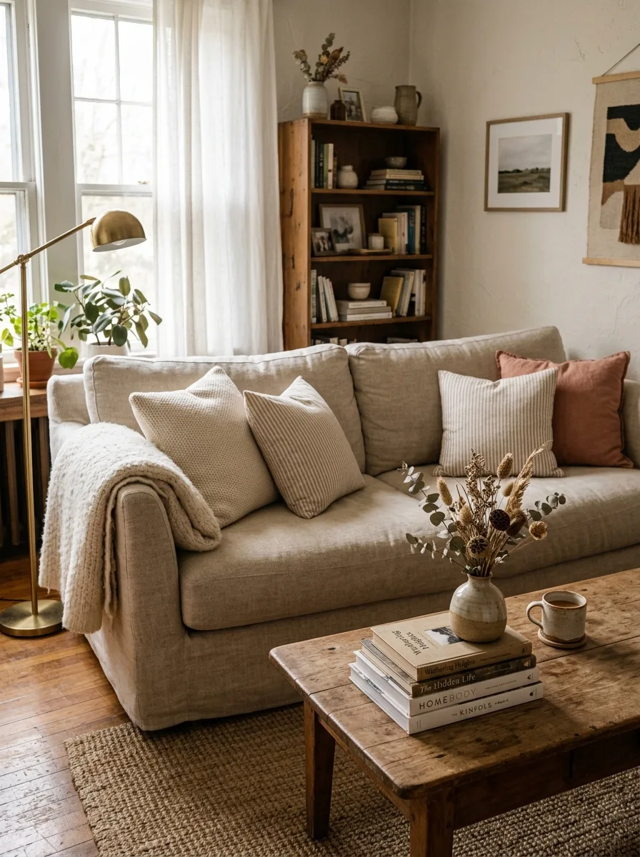 Linen sofa in oatmeal with stripe pillows and afternoon light capturing the cinematic home aesthetic
