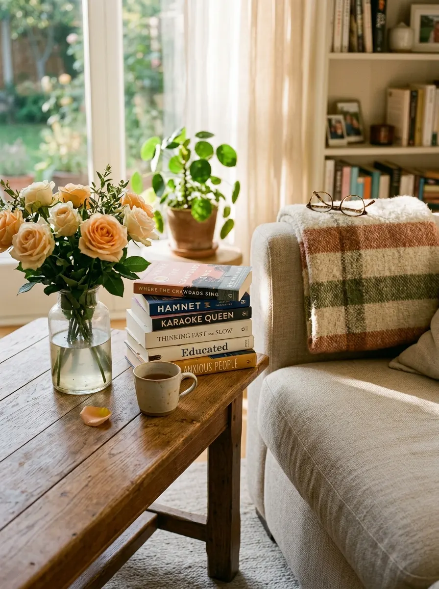Lived-in linen sofa vignette with books, throw, and rose petals representing the cinematic home aesthetic of imperfect beauty