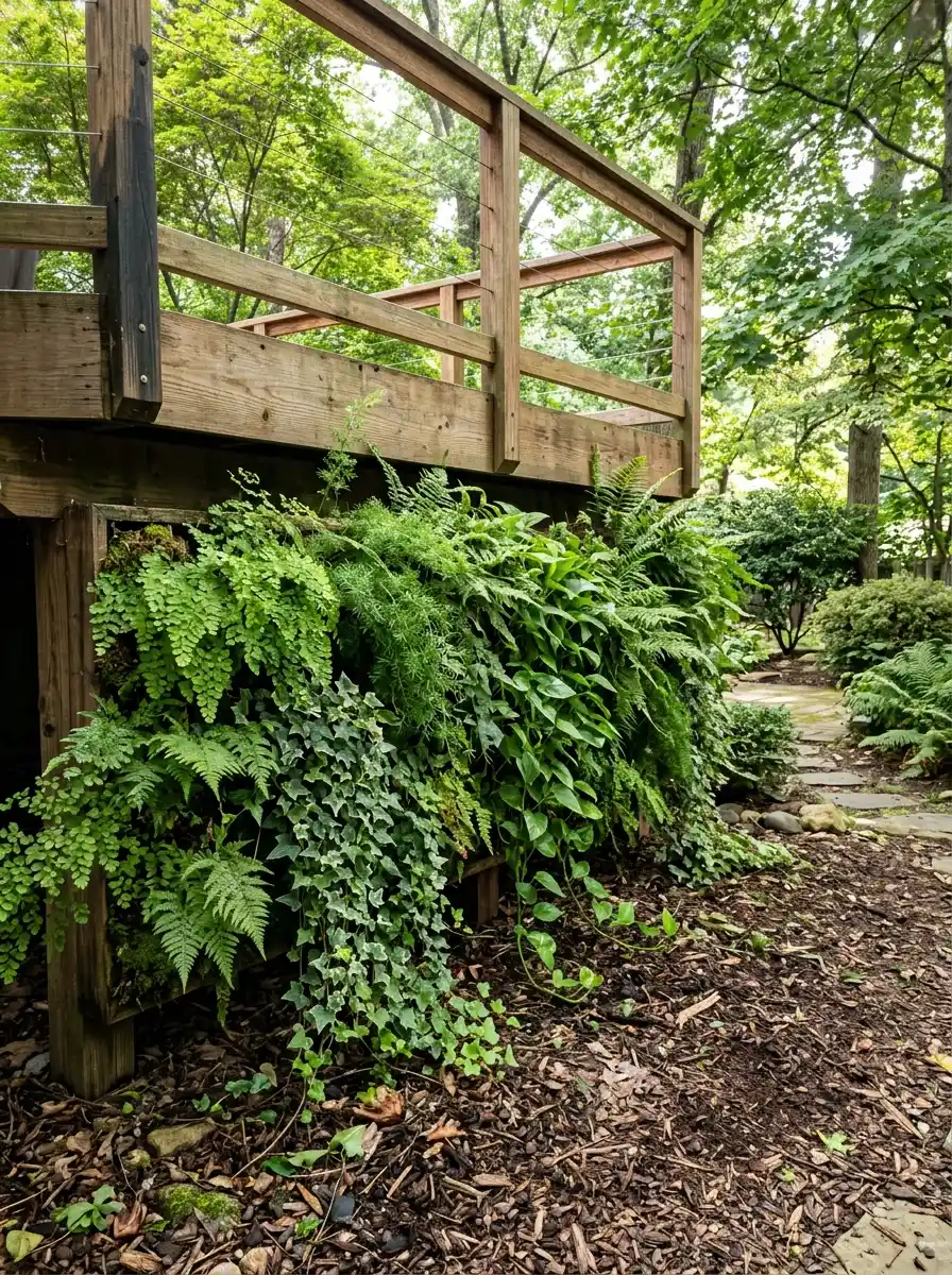Lush green plant wall with trailing ivy and ferns covering a raised deck base in a tranquil earthy garden backyard