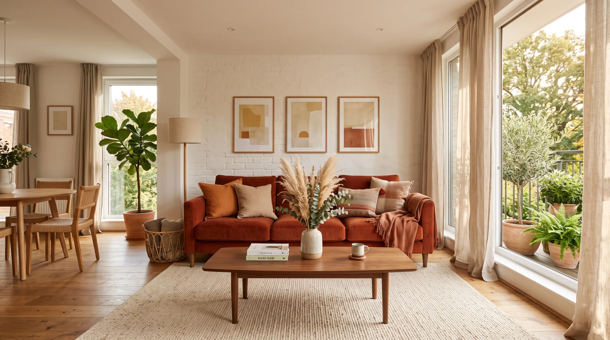 Warm terracotta velvet sofa in a bright living room showcasing living room color psychology with natural textures