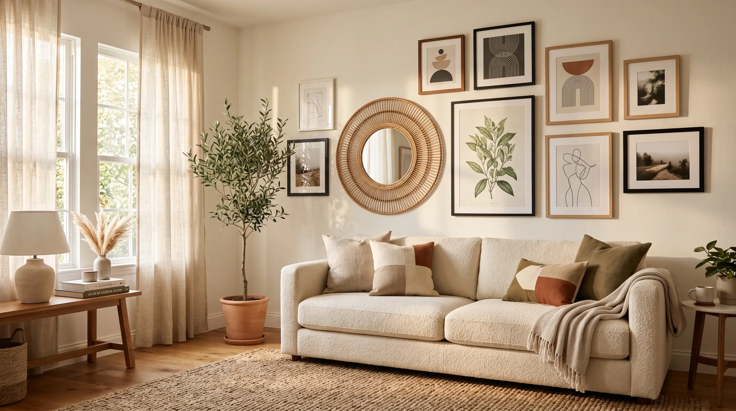 Layered living room wall art ideas featuring framed prints, rattan mirror, and botanical art on a white wall