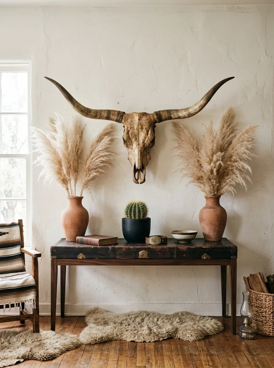 Bold western living room décor with real longhorn skull mount centered above leather console, dried pampas grass in terracotta vases and cactus in black pot