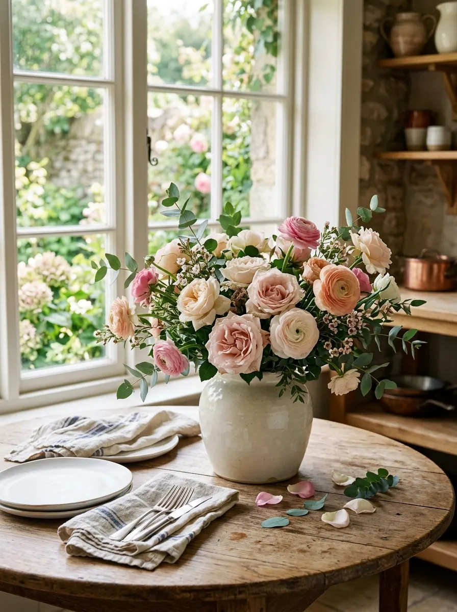 Loose garden rose and ranunculus bouquet in ceramic vase on a kitchen table reflecting the Nancy Meyers home aesthetic