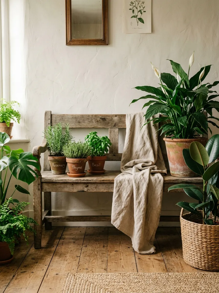 The 20 Houseplant Corners We Keep Coming Back to for Real Inspiration 11 Cozy houseplant corner with rustic wooden bench, large peace lily and rubber plant in terracotta and wicker planters, warm daylight