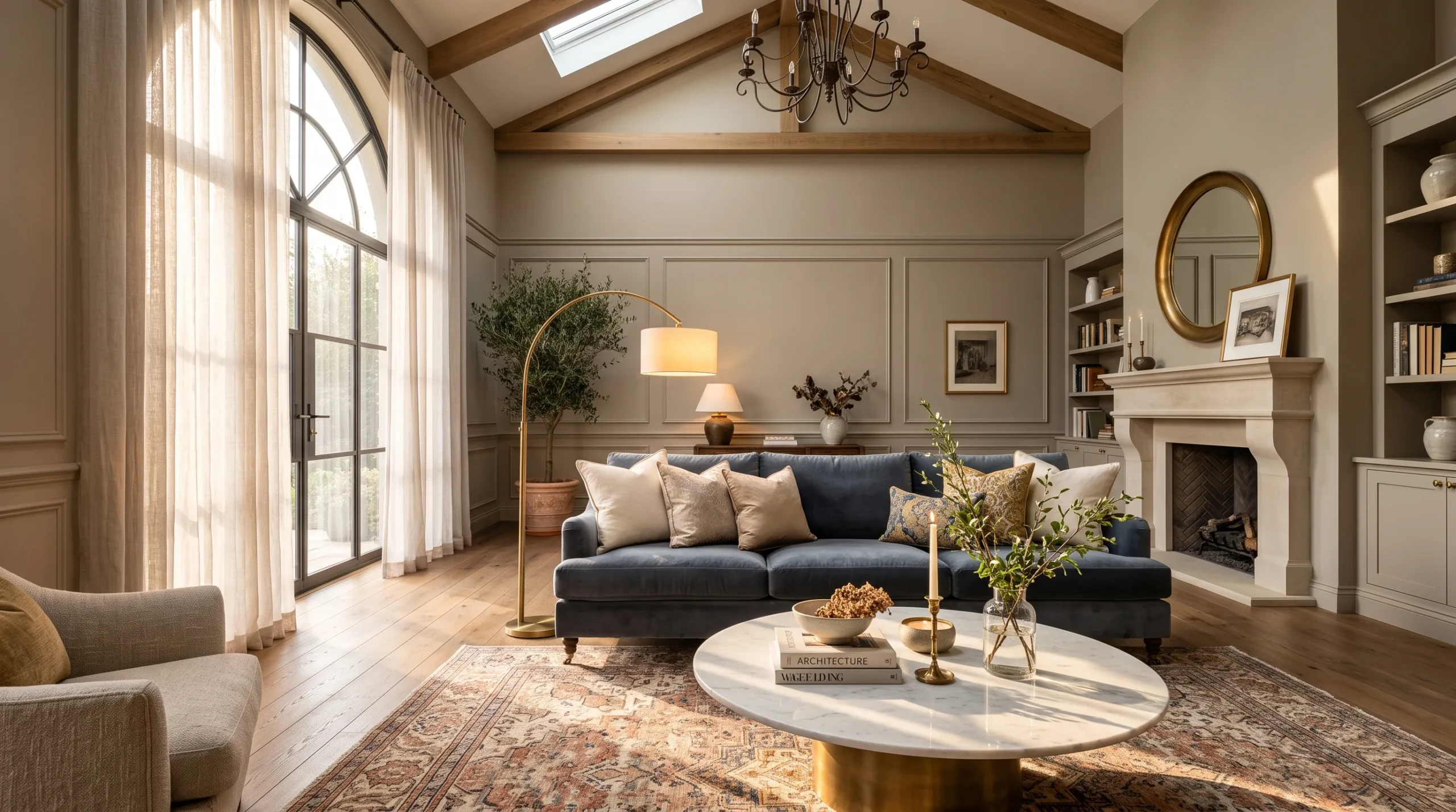 Sunlit Luxury Living Room Color Palette with velvet slate-blue sofa, brass accents, and warm greige walls showing a sophisticated color palette