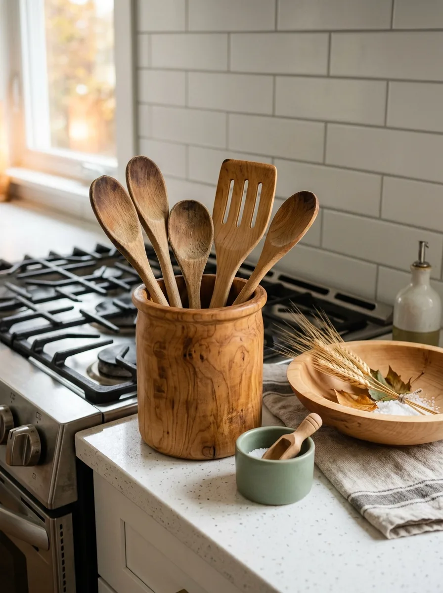 Maple wood utensil crock with wooden spoons and a maple serving bowl on white quartz kitchen counter for seasonal kitchen decorating