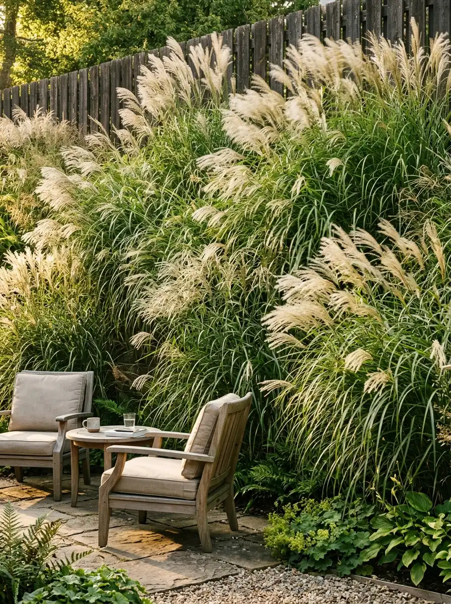 23 Stunning Ways Ornamental Grasses Can Transform Your Landscape With Texture, Movement, Privacy, and Year-Round Style 23 Tall mass planting of ornamental grasses in silver and green covering a garden wall in warm golden afternoon light with garden chairs in foreground