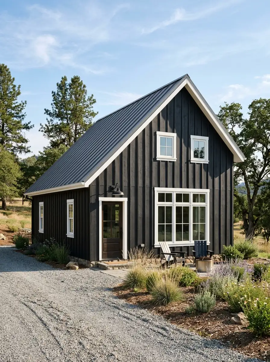 19 Stunning Small Barndominium Exterior Ideas That Prove Simple Barn House Designs Can Make a Big Impact 1 Matte black board-and-batten small barndominium exterior with white trim, metal roof, and native landscaping in afternoon light