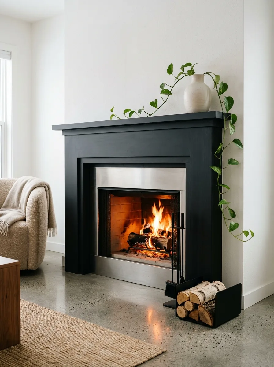 20 Fireplace Design Ideas Built Around the Three Pillars of Color, Space, and Flame 6 Painted mantel fireplace design ideas with matte black finish, white walls, ceramic vase styling, and warm flame in a modern living room