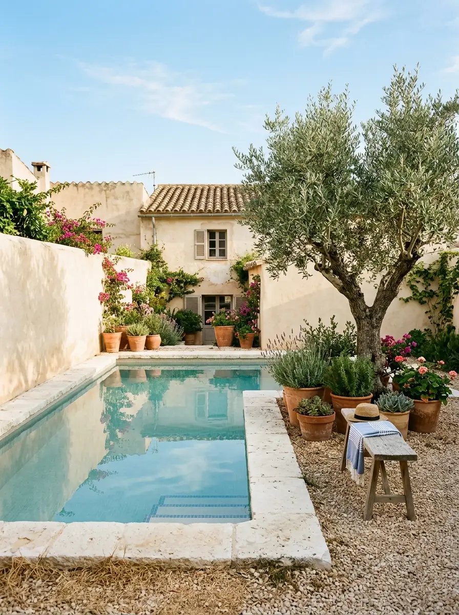 19 Brilliant Small Pool Design Ideas That Make Compact Backyards Feel Like a Private Luxury Resort 11 Mediterranean small pool design with cream rendered walls, terracotta pots, established olive tree, and white stone coping in a sunny backyard