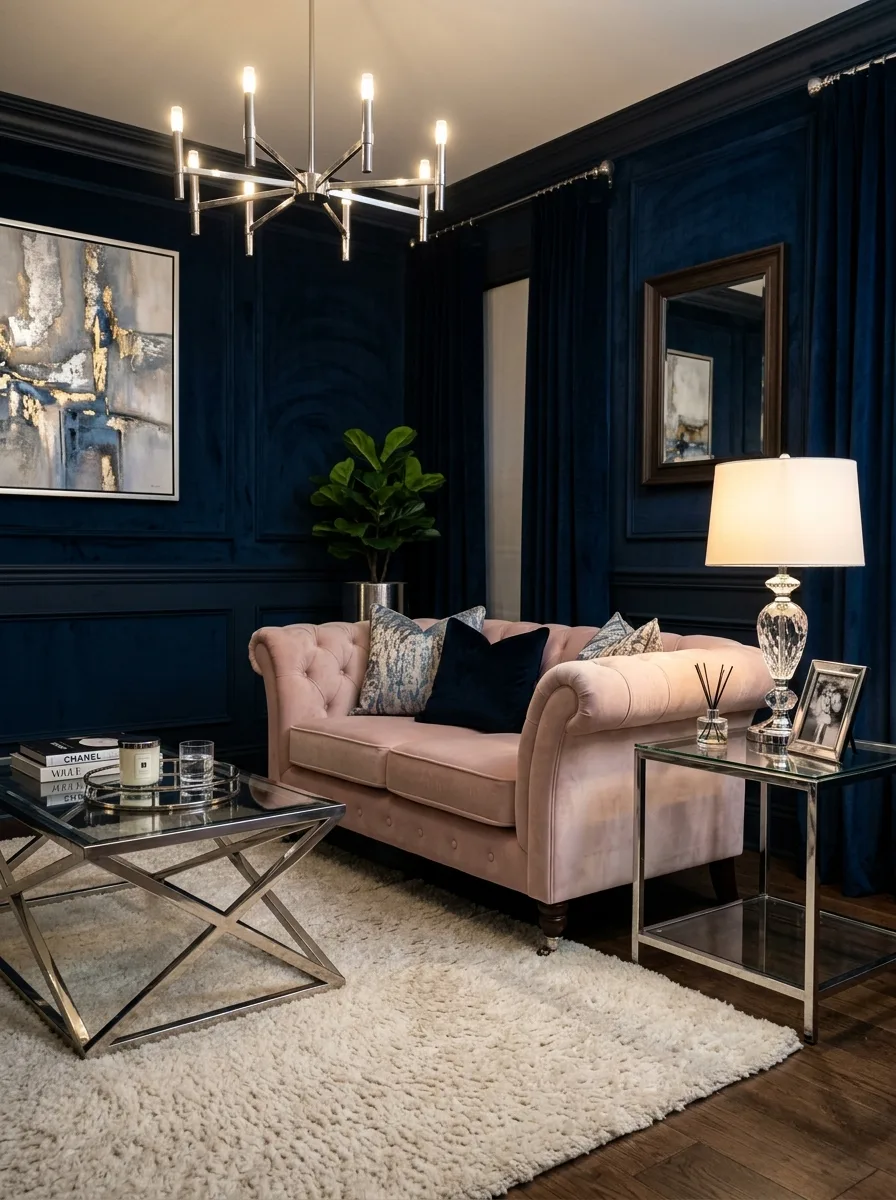 Midnight blue walls with blush loveseat and silver coffee table in a glamorous elegant living room palette