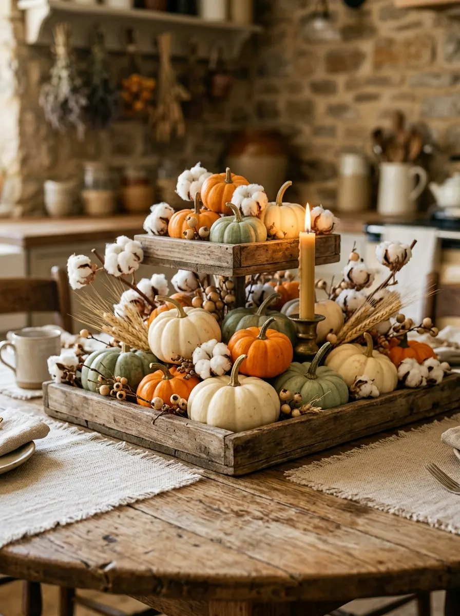 White, orange, and green mini pumpkins arranged on a wooden tray as a fall kitchen centerpiece with candle and cotton stems