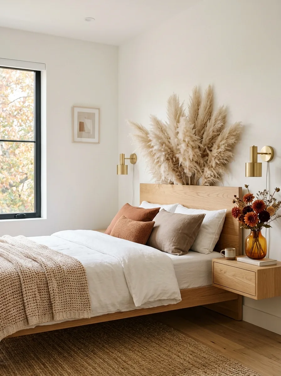 Minimal autumn bedroom ideas with tall cream pampas grass floor vase behind natural wood platform bed and rust accent pillows on white bedding