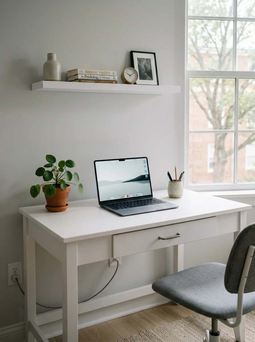 17 Small Dorm Desk Setups That Actually Feel Like a Real Dream Room 12 A minimal dorm desk with a clear surface holding only a laptop, a ceramic pen cup, and a single small plant on a white desk