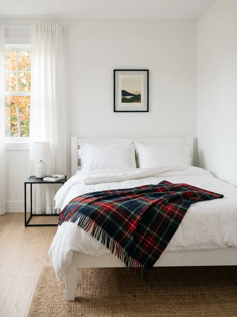 Fall bedroom decor gallery wall above bed with warm ochre and terracotta botanical prints in mixed gold and wood frames over white linen bedding