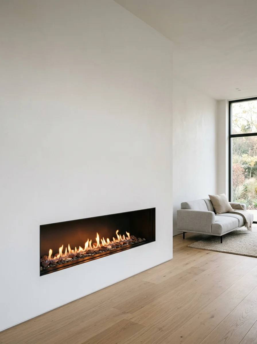 20 Fireplace Design Ideas Built Around the Three Pillars of Color, Space, and Flame 7 Minimalist fireplace design ideas with linear gas insert in white plaster wall, wide negative space, and horizontal flame in a Japandi living room