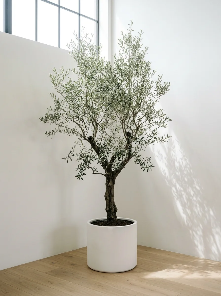 The 20 Houseplant Corners We Keep Coming Back to for Real Inspiration 16 Minimalist houseplant corner with single tall olive tree in white cylinder planter, clean white walls, light wood flooring, diffused daylight
