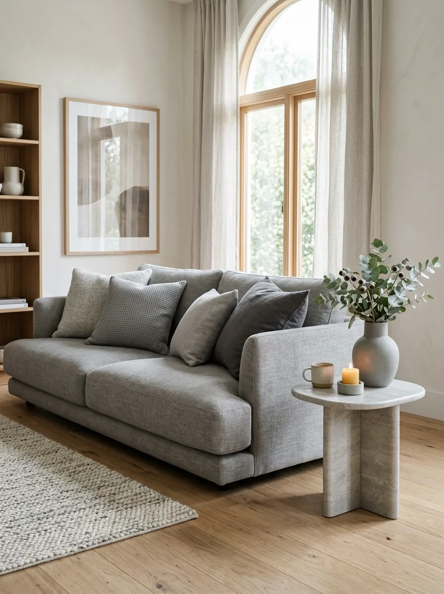 Misty grey sofa with layered cushions and eucalyptus arrangement expressing sofa color meaning through modern minimalist Scandinavian interior design