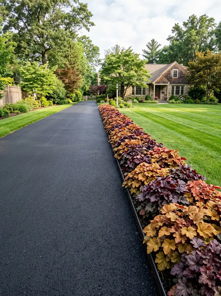 Mixed caramel burgundy coral bells landscaping in a continuous ribbon along a black asphalt driveway edge with steel edging and green lawn