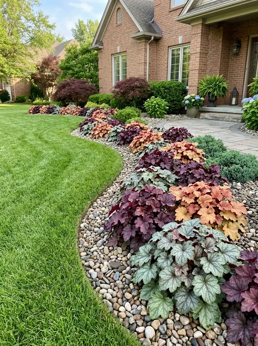 Mixed burgundy, peach, and silver coral bells landscaping in a curved river border along a neatly edged front yard lawn