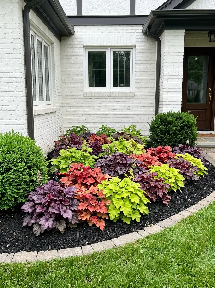 Mixed purple red and green coral bells front yard foundation planting against white painted brick with black mulch and evergreen corner shrubs