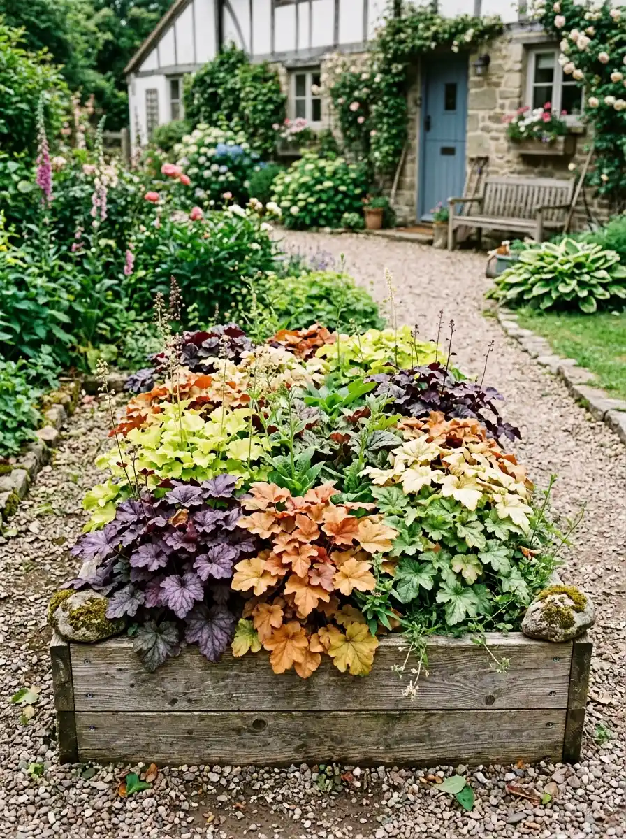 Mixed purple orange and cream coral bells front yard planting overflowing a weathered cedar raised bed with crushed granite pathway alongside