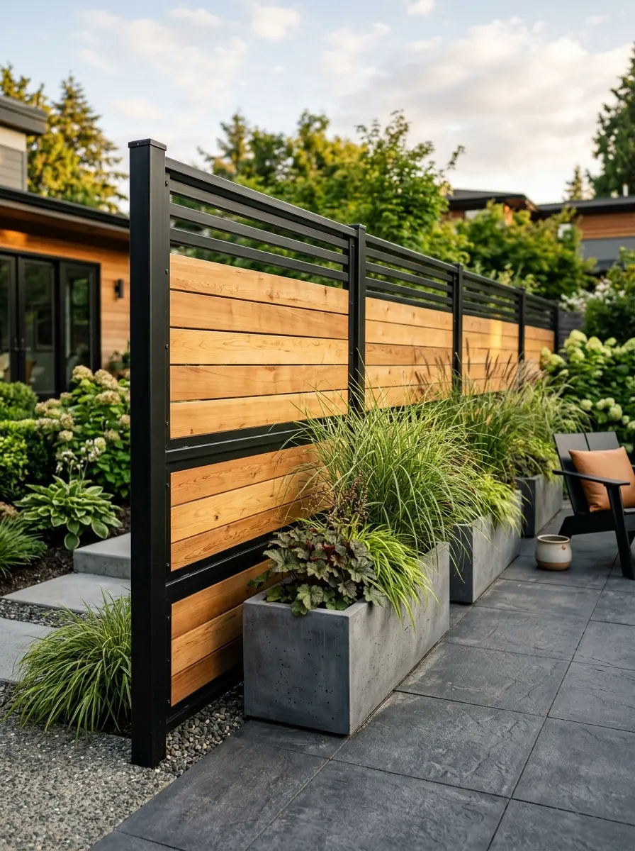 19 Smart Fence Wood Choice Ideas Comparing Cedar, Redwood, Pine, and Ipe for Beauty, Durability, and Long-Term Value 18 Contemporary mixed-material fence with horizontal cedar boards and black powder-coated steel frames in a modern backyard with concrete planters