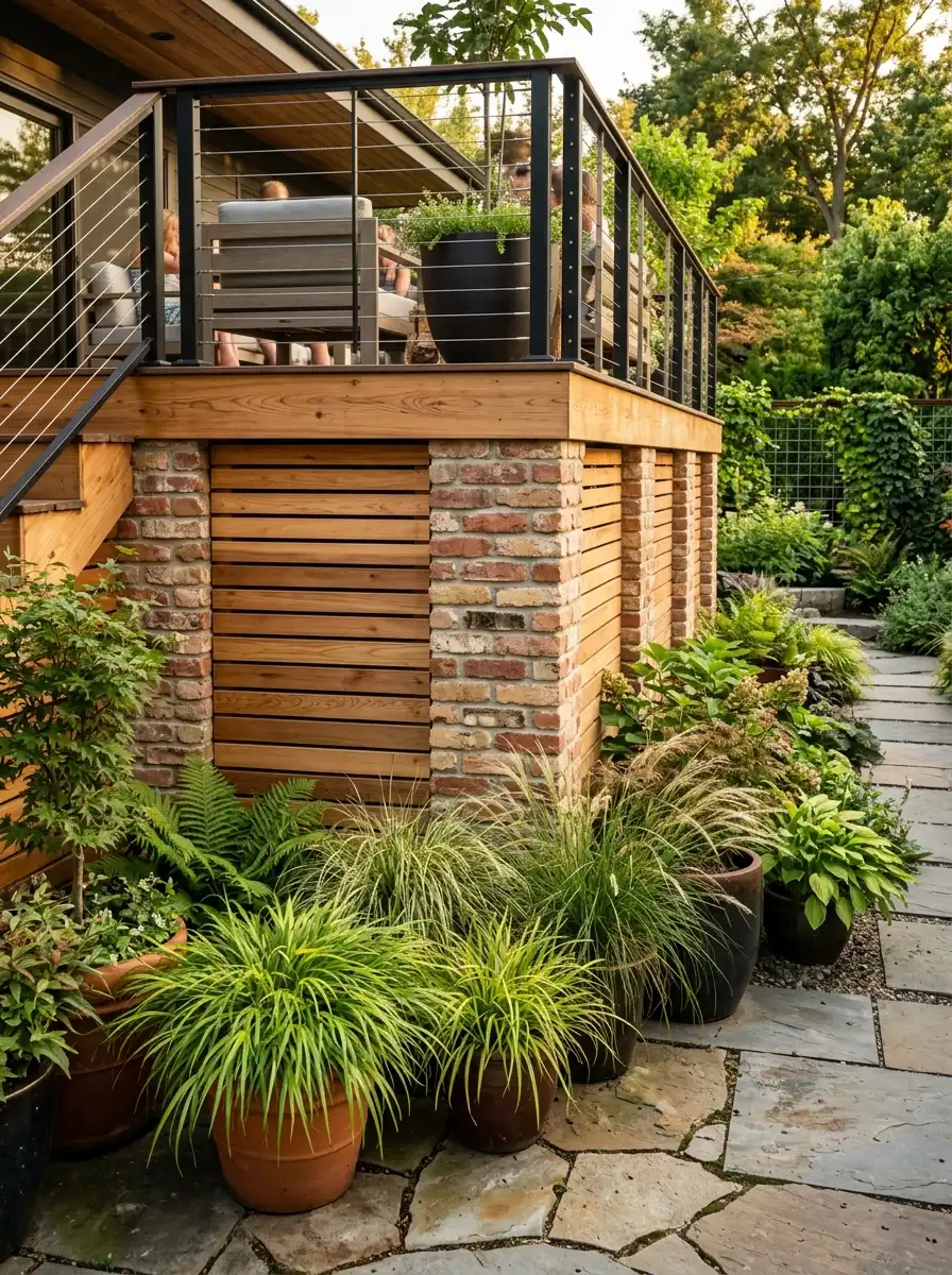 Eclectic mixed material deck skirting combining horizontal wood slats and reclaimed brick veneer in a contemporary layered backyard