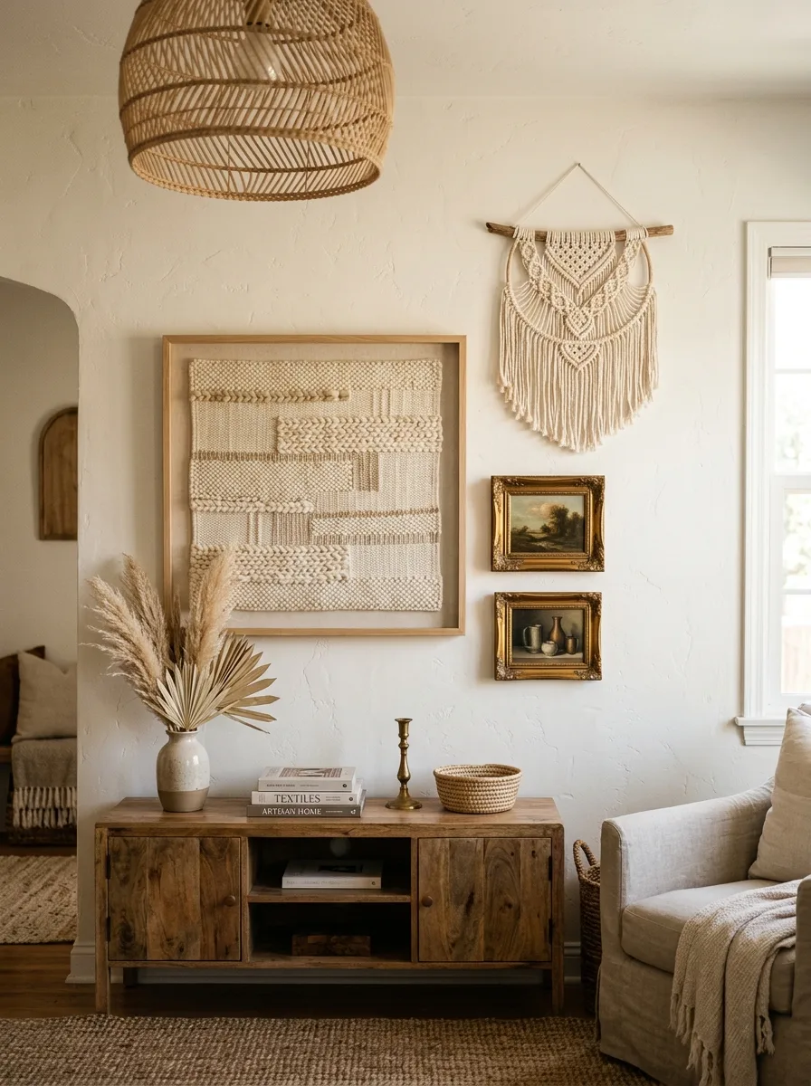 Mixed media wall display with macramé, woven textile, and oil paintings as layered wall art ideas for living rooms