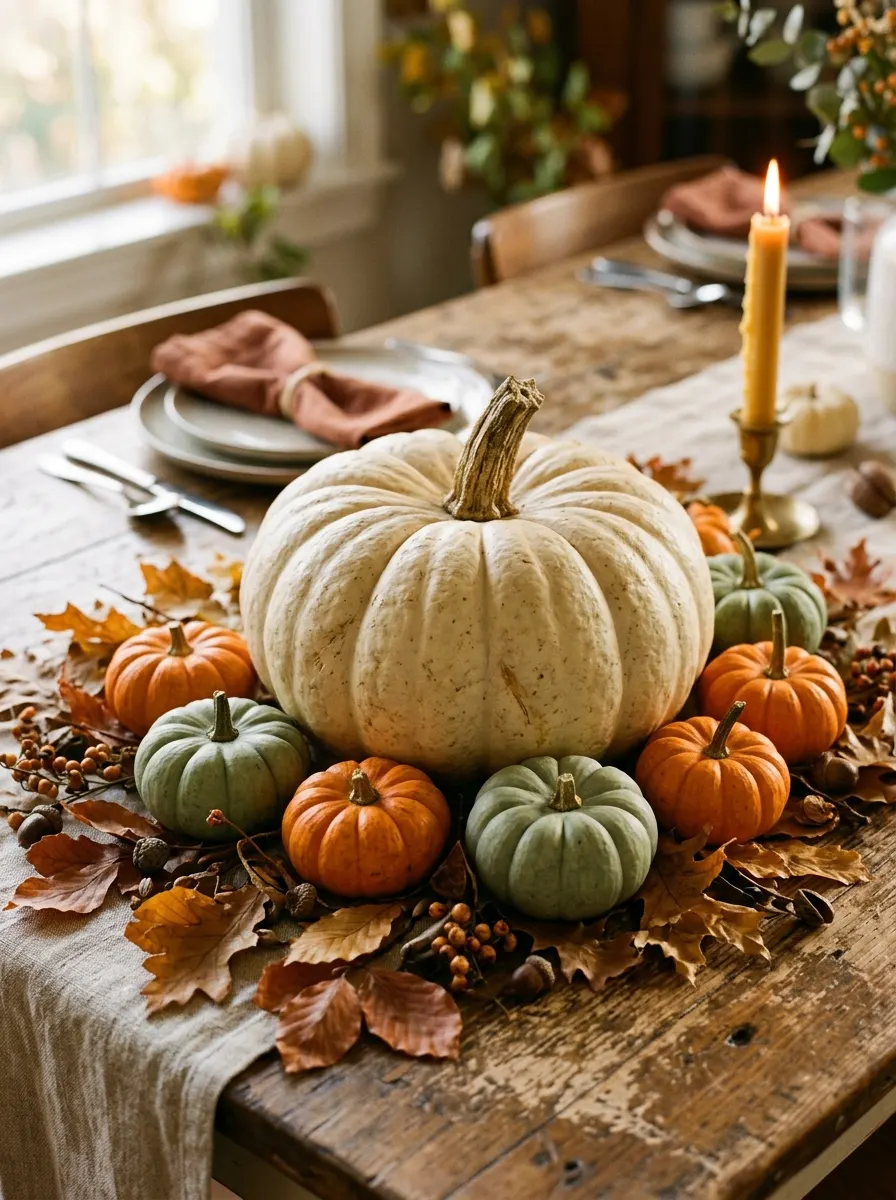 The 16 Small Decisions That Make Fall Table Décor Actually Worth Noticing 3 Large cream heirloom pumpkin surrounded by small sage and orange mini pumpkins for fall dining table decor styling